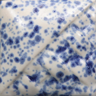 Cone 6: White semi-matte glaze with blue crystals creating blooms, resembling 19th-century enamelware; crystals fade at Cone 10. Amaranth Stoneware Canada.