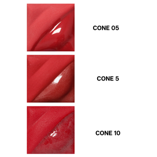 Bright Red Velvet Underglaze is a vivid crimson at cone 05, deepens to a rich cherry red at cone 10. Amaranth Stoneware Canada.