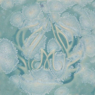 Cone 6: Turquoise semi-transparent gloss glaze with white crystals; color lightens while crystals remain at Cone 10. Amaranth Stoneware Canada.