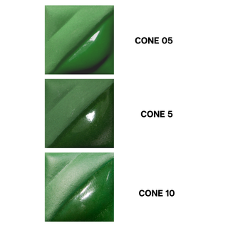 Dark Green Velvet Underglaze is a rich green at cone 05, darkens to forest green at cone 5, and darkens further at cone 10. Amaranth Stoneware Canada.