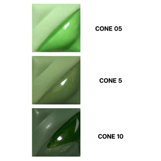 Light Green Velvet Underglaze is a bright spring green at cone 05, darkens to forest green at cone 5, and deepens to pine green at cone 10. Amaranth Stoneware Canada.