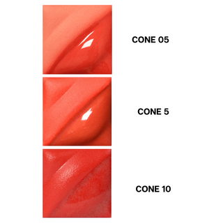 Light Red Velvet Underglaze is a light coral red, bright at Cone 05, softens at Cone 5, and darkens with gloss at Cone 10. Amaranth Stoneware Canada.