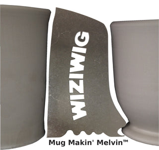 Mug Makin' Melvin creates a 12 oz mug with 1-1/2 lbs of clay, 6-1/2" tall by 3-3/4" wide. Amaranth Stoneware Canada.