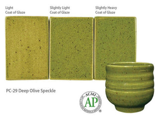 Deep Olive Speckle is a rich, translucent, glossy green glaze with darker green speckles. Amaranth Stoneware Canada.