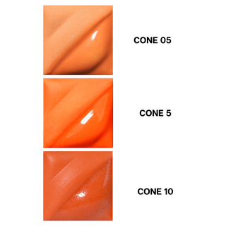 Real Orange Velvet Underglaze is a bright, saturated orange at cone 05, softens at cone 5, and warms slightly at cone 10. Amaranth Stoneware Canada.