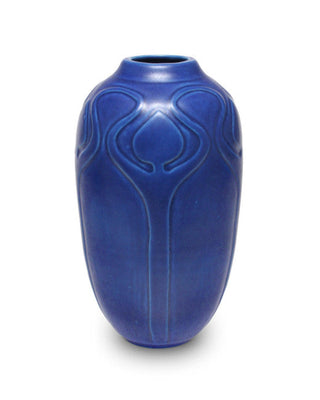 Satin Matte Dark Blue glaze, an opaque, buttery cobalt, enhances textured ware with a classic art deco look. Amaranth Stoneware Canada.