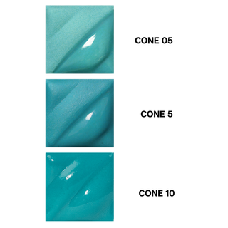 Turquoise Blue Velvet Underglaze is cyan at cone 05, deepens at cone 5, and darkens at cone 10. Amaranth Stoneware Canada.