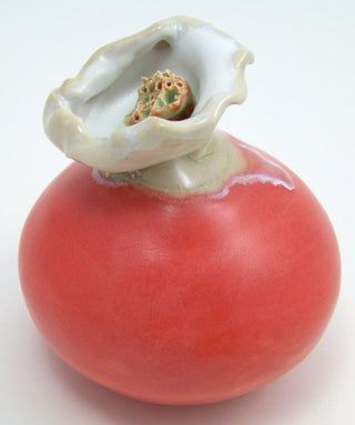 Coral Satin glaze, pinkish red with a buttery surface that doesn’t break or run, perfect for layering. Amaranth Stoneware Canada.