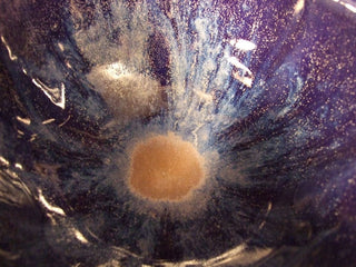 Blue Purple glaze, pale blue with lavender tones and blue crystals. Amaranth Stoneware Canada.