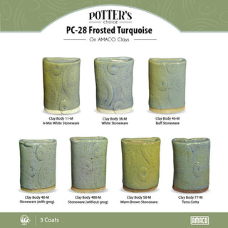 Frosted Turquoise is an opaque gray-blue glaze that appears to crackle over deep blue but has a smooth, satiny surface. Amaranth Stoneware Canada.