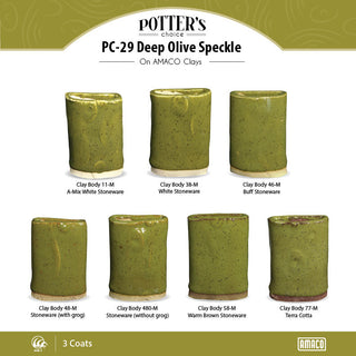 Deep Olive Speckle is a rich, translucent, glossy green glaze with darker green speckles. Amaranth Stoneware Canada.