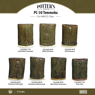 Temmoku is a textured, satin-matte dark brown/tan speckled glaze that looks great layered beneath some of the more fluid Potter's Choice glazes. Amaranth Stoneware Canada.