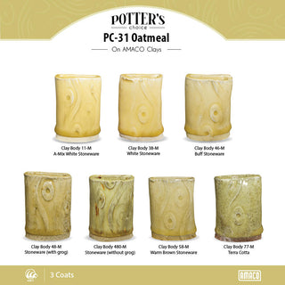 Oatmeal is a toasty, light yellow glaze that is relatively opaque and breaks clear over textured surfaces. Amaranth Stoneware Canada.