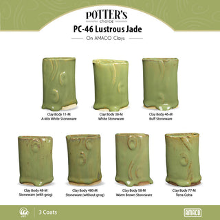 Lustrous jade is a glossy, opaque glaze that boasts a soft, even green finish. Amaranth Stoneware Canada.
