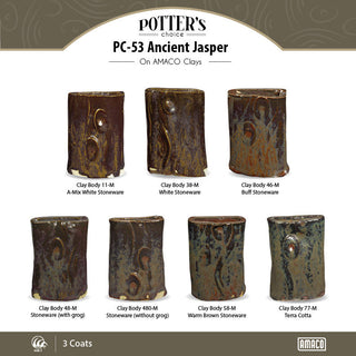 Ancient Jasper is a fluid, opaque glaze that transitions from soft black to olive green to rust red as it is applied thicker. Amaranth Stoneware Canada.