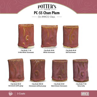 Chun Plum is a pink-red translucent glaze that breaks light tan over textures. Amaranth Stoneware Canada.