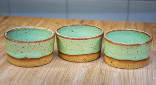 Practical Bee ramekins: speckled tan stoneware, 3 colors, perfect for dips or desserts, 1.75"x2.75". Handmade in Kingston, Ontario at Amaranth Stoneware.