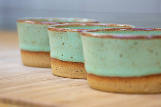 Practical Bee ramekins: speckled tan stoneware, 3 colors, perfect for dips or desserts, 1.75"x2.75". Handmade in Kingston, Ontario at Amaranth Stoneware.