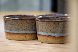 Practical Bee ramekins: speckled tan stoneware, 3 colors, perfect for dips or desserts, 1.75"x2.75". Handmade in Kingston, Ontario at Amaranth Stoneware.