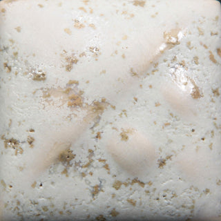 Sea Salt is a white matte glaze with sandy-brown crystals at Cone 6.
At Cone 6: Brownish-tan blooms form, creating a foamy, textured finish. Amaranth Stoneware Canada.
At Cone 10: Base glaze turns pale lavender/gray; crystals are mint green.