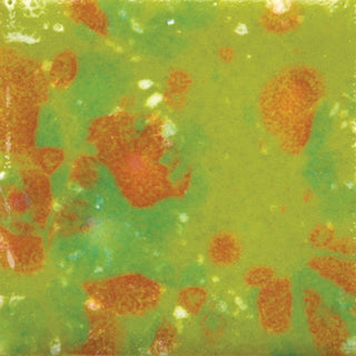 Cone 6: Tree Frog is a translucent, bright green glaze with green, blue, and white crystals.
Cone 10: Base glaze remains – crystals fade and melt. Enhanced mobility. Surface issues may occur. Amaranth Stoneware Canada.