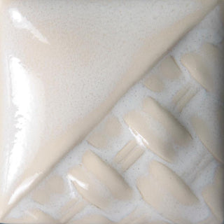 Cone 6: White Opal forms a clear-to-milky white gloss. Layering increases white precipitate, with white to bluish-white pooling over texture.
Cone 10: White variation lessens, leaving a transparent gloss with white pooling. Amaranth Stoneware Canada.