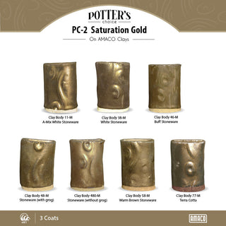 Saturation Gold has a smooth, satin/matte finish that is a dark gold similar to bronze when fired. Amaranth Stoneware Canada.