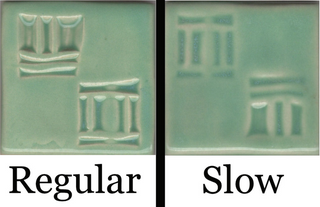 Aqua glaze, translucent blue-green similar to celadon. Regular vs slow cooled. Amaranth Stoneware Canada.