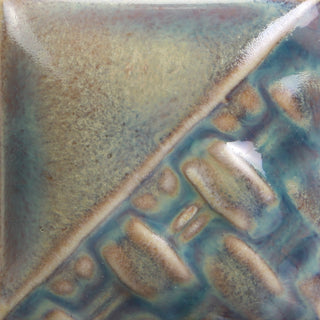 Cone 6: Glossy aqua with black/brown crystals; shifts to variegated pink/blue/green at Cone 10. Amaranth Stoneware Canada.