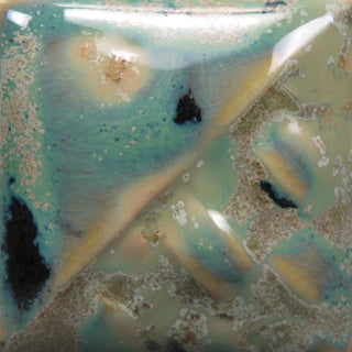 Cone 6: Glossy aqua with black/brown crystals; shifts to variegated pink/blue/green at Cone 10. Amaranth Stoneware Canada.