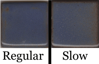 Blue Shino glaze, dark blue where thick and reddish-brown where thin. Regular vs slow. Amaranth Stoneware Canada.