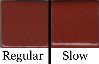 Brick Red glaze, deep solid red, ideal as a base or accent color. Regular vs slow cooled. Amaranth Stoneware Canada