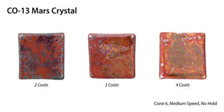 Mars Crystal is a highly fluid, dark brick red glaze with silvery, iridescent crystals. Opaque and breaks darker. Amaranth Stoneware Canada.