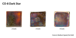 Dark Star is a fluid, dark matte glaze with iridescent crystals like a beetle shell. Breaks translucent. Amaranth Stoneware Canada.