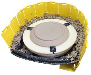 Wiziwig Clay Shield snaps together to form a large shield around your wheel, capturing all trimmings. Amaranth Stoneware Canada.