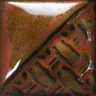 Cone 6-10: Gloss finish with brown-greens and creamy tan hues; changes to red/brown with black/copper mottling at Cone 10. Amaranth Stoneware Canada.