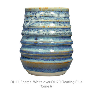DL-20 Floating Blue is a classic blue glaze that is pale where thick, darker blue where thinner, and breaks iron brown. Amaranth Stoneware Canada.