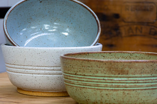 Practical Bee bowls: speckled tan clay, farmhouse-inspired glazes, microwave/dishwasher safe, 2.75" x 6.25". Handmade in Kingston, Ontario at Amaranth Stoneware.