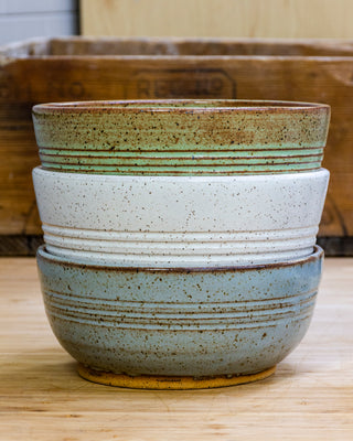 Practical Bee bowls: speckled tan clay, farmhouse-inspired glazes, microwave/dishwasher safe, 2.75" x 6.25". Handmade in Kingston, Ontario at Amaranth Stoneware.