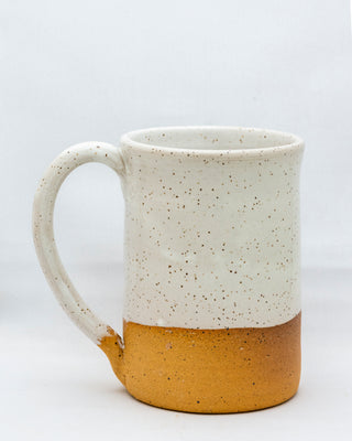Practical Bee mugs: speckled tan clay, farmhouse-inspired glazes, microwave/dishwasher safe, 4.5" x 3". Handmade in Kingston, Ontario at Amaranth Stoneware.