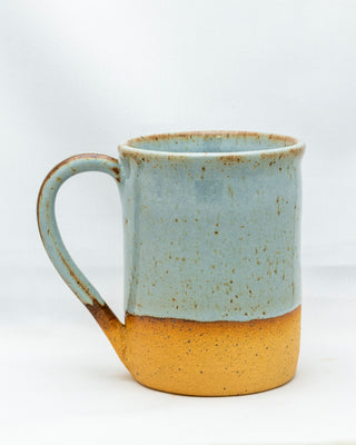 Practical Bee mugs: speckled tan clay, farmhouse-inspired glazes, microwave/dishwasher safe, 4.5" x 3". Handmade in Kingston, Ontario at Amaranth Stoneware.