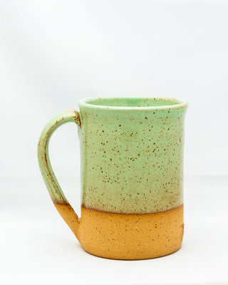 Practical Bee mugs: speckled tan clay, farmhouse-inspired glazes, microwave/dishwasher safe, 4.5" x 3". Handmade in Kingston, Ontario at Amaranth Stoneware.