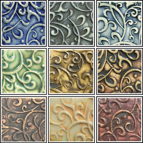 Example of Georgies Clay & Co. Interactive Pigments with various application techniques and glazes
