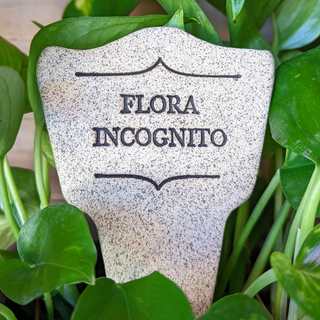 7.5x3-inch handcrafted Comic Latin plant stakes, perfect for witty plant labels. Durable, weatherproof, and fun! Handcrafted in Kingston, Ontario at Amaranth Stoneware.