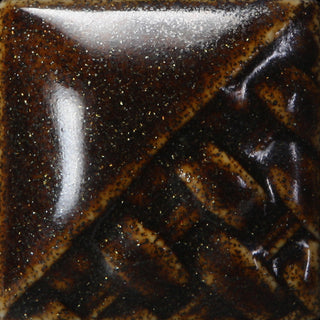 Cone 6-10: Gloss semi-transparent glaze with a rich brown base and tiny gold flecks; darkens with metallic mottling at Cone 10. Amaranth Stoneware Canada.