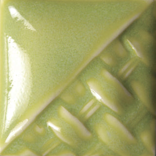 Cone 6: Vibrant chartreuse gloss when fired; lighter applications yield semi-opaque yellow-green, while heavier ones form a green float. Cone 10: Lightens and becomes more transparent. Amaranth Stoneware Canada.