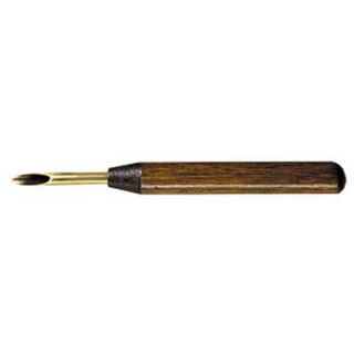 
This tool cuts clean holes in wet, thick-wall greenware with a sharp, polished brass cutting tube set in a hardwood handle. 3/16" diameter, 5" long. Amaranth Stoneware Canada.