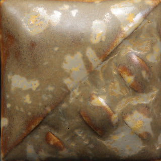 Cone 6: Variegated brown matte glaze with sandy-brown crystals that create glossy blooms and yellow mottling for a textured finish. Cone 10: Color darkens. Amaranth Stoneware Canada.






