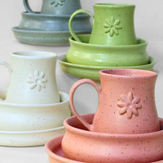 In Bloom collection: speckled clay, satin finish, stoneware inspired by spring blooms and outdoor meals. Handmade in Kingston Ontario at Amaranth Stoneware.