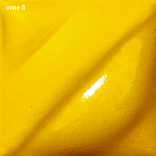 Intense Yellow Velvet Underglaze is a bright pineapple color, vivid at Cone 05, deepening at Cone 5, and intense at Cone 10. Clear glaze enhances. Amaranth Stoneware Canada.